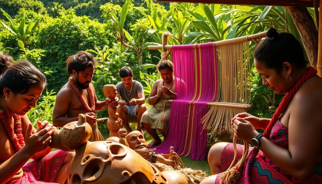 A vibrant scene of Marquesan artisans at work, set against the lush, verdant backdrop of the French Polynesian island of Ua Huka. In the foreground, skilled craftspeople meticulously carve intricate designs into traditional wooden sculptures, their faces focused and their hands nimble. In the middle ground, weavers deftly manipulate vibrant strands of fiber, creating intricate tapestries that reflect the rich cultural heritage of the Marquesas Islands. The natural lighting casts a warm, golden glow over the entire scene, accentuating the artisans' concentration and the vibrancy of their creations. The atmosphere is one of reverence and pride, as the artisans preserve and share their time-honored techniques with the world.
