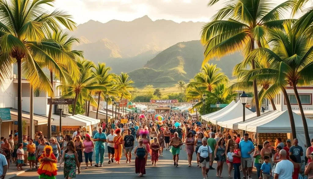 A vibrant scene of Maui's spring festivals unfolds, capturing the island's vibrant spirit. In the foreground, a lively parade winds through palm-lined streets, adorned with colorful costumes and traditional Hawaiian music. The middle ground features a bustling open-air market, where local artisans and food vendors offer their wares against a backdrop of lush, verdant mountains. Warm, golden sunlight bathes the scene, creating a serene, celebratory atmosphere. The overall composition conveys a sense of joyous community, immersing the viewer in the island's rich cultural heritage during the spring months.