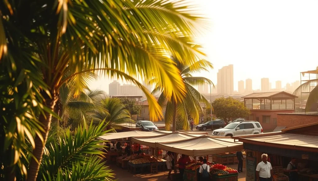 A vibrant scene of Nampula, Mozambique on a warm, sunny day. In the foreground, lush tropical foliage and palm trees sway gently in the light breeze. The middle ground features a bustling local market, with vendors selling colorful produce and handcrafted wares. In the background, the city's skyline rises, a mix of modern high-rises and traditional African architecture bathed in a golden glow. The scene is illuminated by soft, diffused lighting, creating a welcoming, atmospheric ambiance that captures the essence of Nampula's best time to visit.