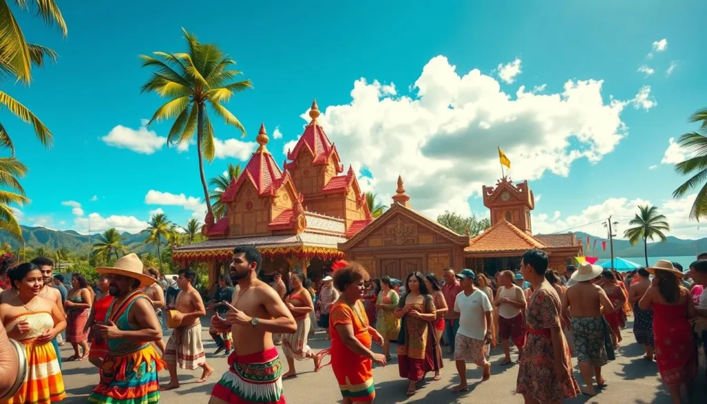 A vibrant scene of Northern Mariana Islands' cultural festivals. In the foreground, a colorful procession of locals in traditional attire dances to the rhythm of drums and chanting. The middle ground features elaborately decorated structures and stalls, showcasing the islands' rich heritage. In the background, lush tropical landscapes and blue skies create a serene, sun-dappled atmosphere. The lighting is warm and natural, highlighting the joyous energy and community spirit of the festivities. Captured with a wide-angle lens to convey the grand scale and immersive experience of this cultural celebration.