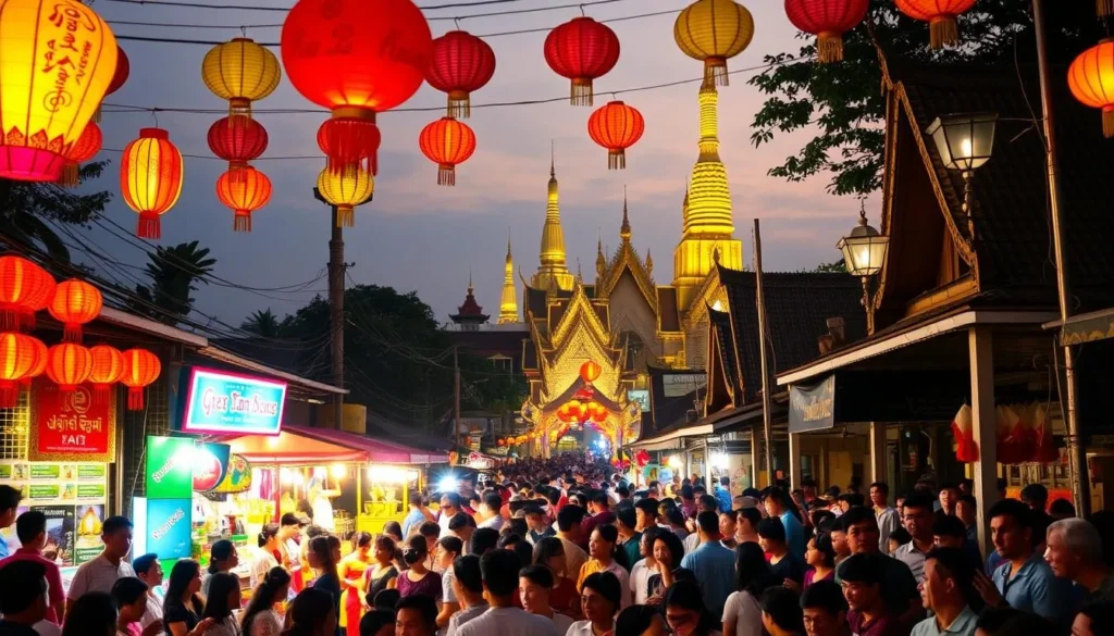 A vibrant scene of Sihanoukville's bustling festivals unfolds, with colorful lanterns and banners adorning the streets. In the foreground, lively crowds gather around traditional dance performances, their joyful expressions illuminated by the warm glow of festival lights. The middle ground showcases vibrant food stalls and vendors selling handcrafted souvenirs, while in the background, ornate temples and pagodas rise up, providing a stunning backdrop to the festive atmosphere. The scene is bathed in a soft, golden light, conveying a sense of warmth and celebration that embodies the spirit of Sihanoukville's vibrant cultural heritage.