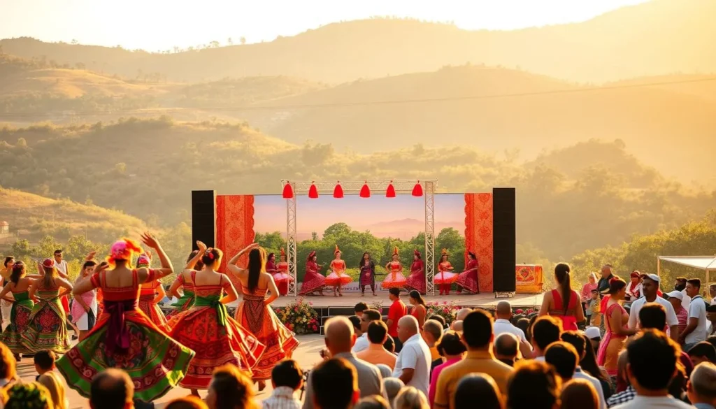 A vibrant scene of Tagaytay city's cultural performances unfolds. In the foreground, colorfully costumed dancers gracefully sway to the rhythmic beats of traditional music. The middle ground showcases a lively stage adorned with intricate tapestries and scenic backdrops, capturing the essence of the local heritage. In the background, the rolling hills of Tagaytay provide a picturesque natural setting, bathed in warm, golden sunlight that casts a serene, festive atmosphere. The image conveys the rich cultural tapestry of the region, inviting the viewer to immerse themselves in the lively celebration of Dasmarinas' vibrant festivals and events.