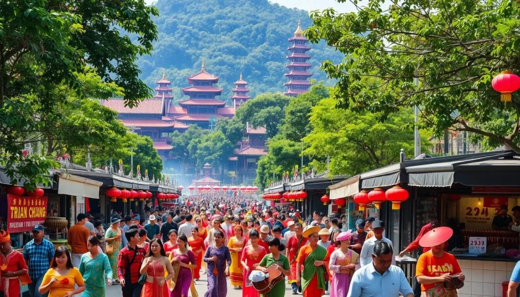 A vibrant scene of Vietnamese festivals unfolding in a lush, verdant setting. In the foreground, colorful processions of traditional dancers and musicians weave through the streets, their ornate costumes and instruments gleaming in the warm, natural light. In the middle ground, bustling market stalls offer an array of handcrafted goods, incense, and fragrant street food, creating a sensory delight. The background is dominated by the iconic architecture of Vietnam, with ancient temples and pagodas standing tall, their intricate designs reflecting the rich cultural heritage. The overall atmosphere is one of joyous celebration, with a sense of community and tradition permeating the scene.