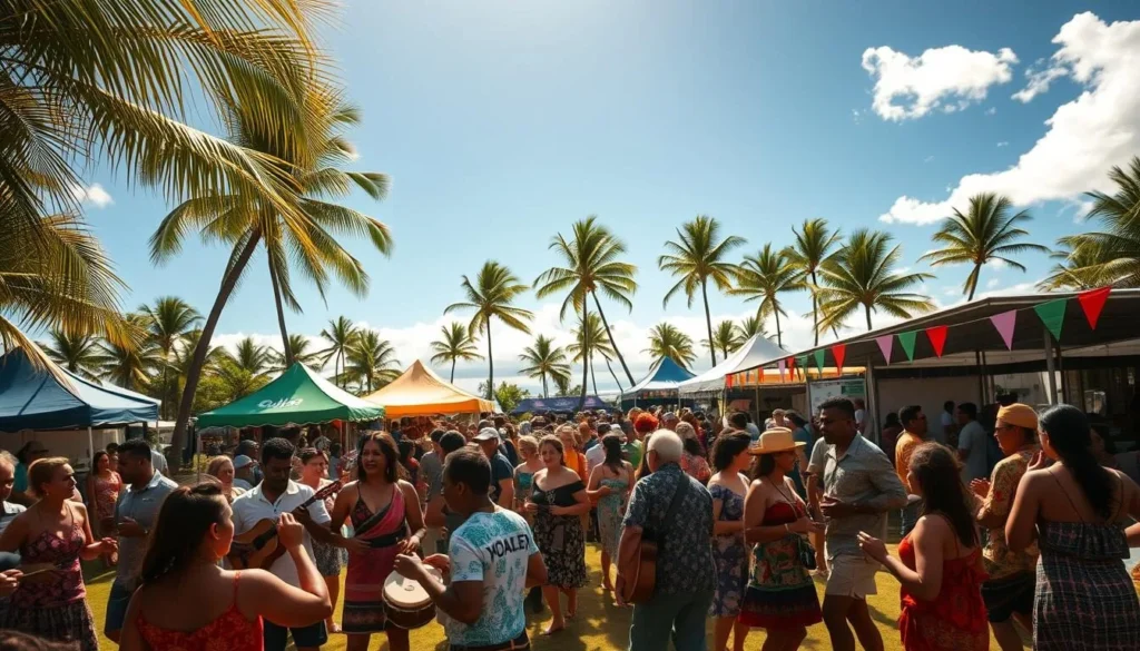 A vibrant scene of Waitangi Day celebrations in Tokelau. In the foreground, a lively crowd of locals in traditional attire dance and sway to the rhythm of drums and ukuleles. Midground, colorful tents and stalls offer an array of local delicacies and handicrafts. In the background, swaying palm trees and a clear blue sky set the tranquil island atmosphere. Warm, golden sunlight filters through, casting a celebratory glow over the joyous gathering. A sense of unity, culture, and community permeates the scene.