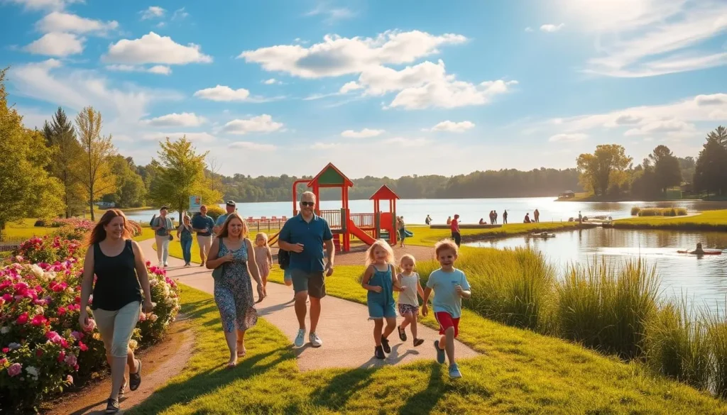 A vibrant scene of Wildwood, Missouri's lively outdoor activities. In the foreground, families stroll along a picturesque trail, surrounded by lush greenery and blooming flowers. In the middle ground, children play on a well-equipped playground, their laughter echoing through the air. In the background, a serene lake reflects the tranquil sky, with people kayaking and fishing in the distance. The warm, golden sunlight casts a magical glow, creating a welcoming and idyllic atmosphere. Capture the essence of Wildwood's vibrant community and the abundance of recreational opportunities available to residents and visitors alike.