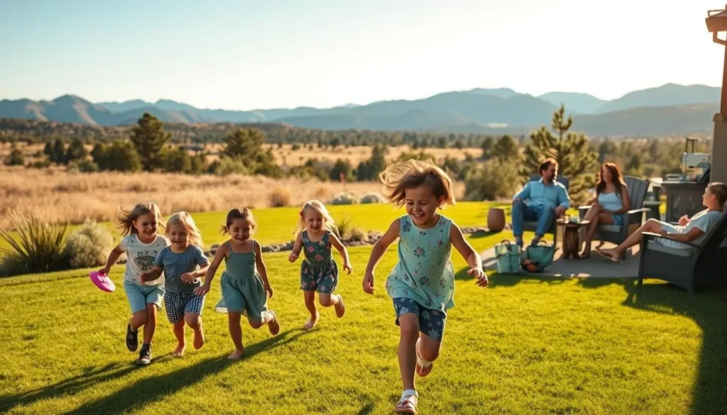 A vibrant scene of a Los Alamos family enjoying outdoor activities on a sun-dappled day. In the foreground, a group of children laugh and play on a well-manicured lawn, tossing a frisbee and chasing each other. In the middle ground, parents relax on comfortable outdoor furniture, sipping lemonade and taking in the breathtaking views of the Jemez Mountains in the distance. The soft, warm lighting creates a serene and inviting atmosphere, capturing the essence of a classic family day in this picturesque New Mexico town.