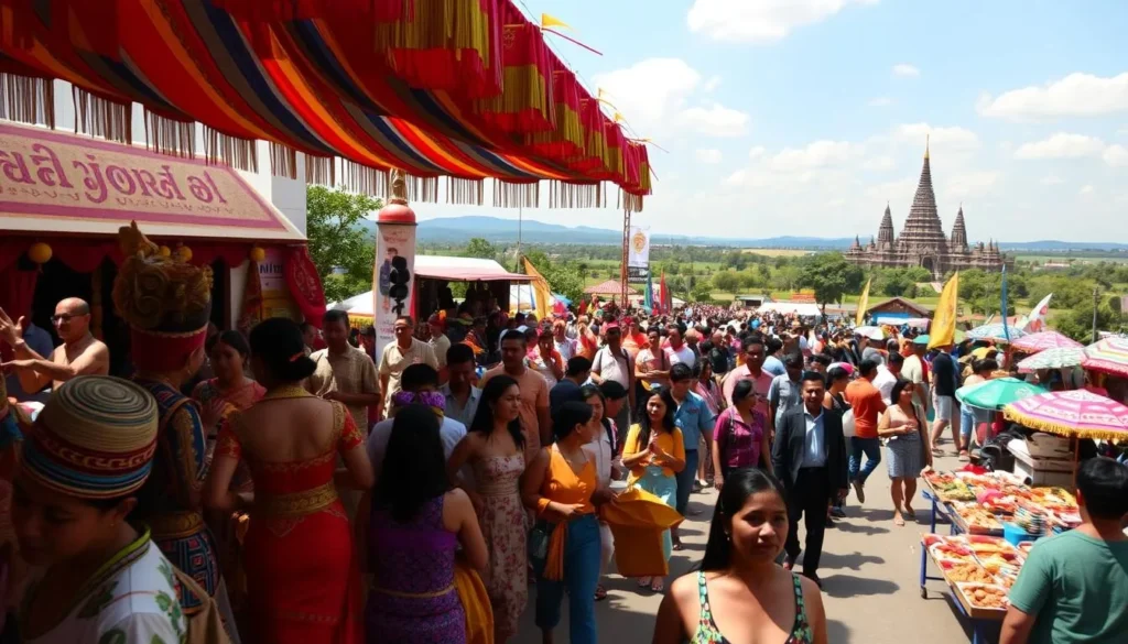 A vibrant scene of a cultural festival in Siem Reap, Cambodia, on a sunny day. In the foreground, a lively parade with ornately dressed performers, colorful banners, and traditional music. In the middle ground, clusters of local artisans selling handcrafted goods and delicious street food. In the background, a glimpse of ancient Khmer temples and verdant landscapes. The atmosphere is one of joy, celebration, and cultural immersion, captured with a warm, cinematic lighting and a slightly wide-angled lens to convey the energy and scope of the festivities.