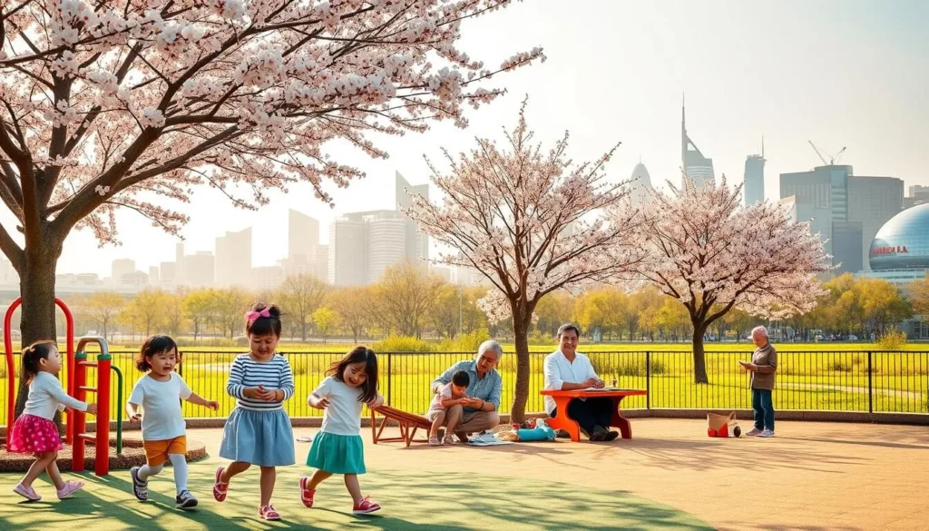 A vibrant scene of a family enjoying various outdoor activities in the lively city of Cheonan, South Korea. In the foreground, a group of children play on a well-equipped playground, their laughter filling the air. In the middle ground, parents and grandparents picnic under the shade of blooming cherry blossom trees, savoring local delicacies. In the background, the skyline of Cheonan's modern buildings and landmarks creates a harmonious contrast, bathed in warm, golden sunlight. The atmosphere is one of joy, relaxation, and a deep appreciation for the city's family-friendly amenities and natural beauty.
