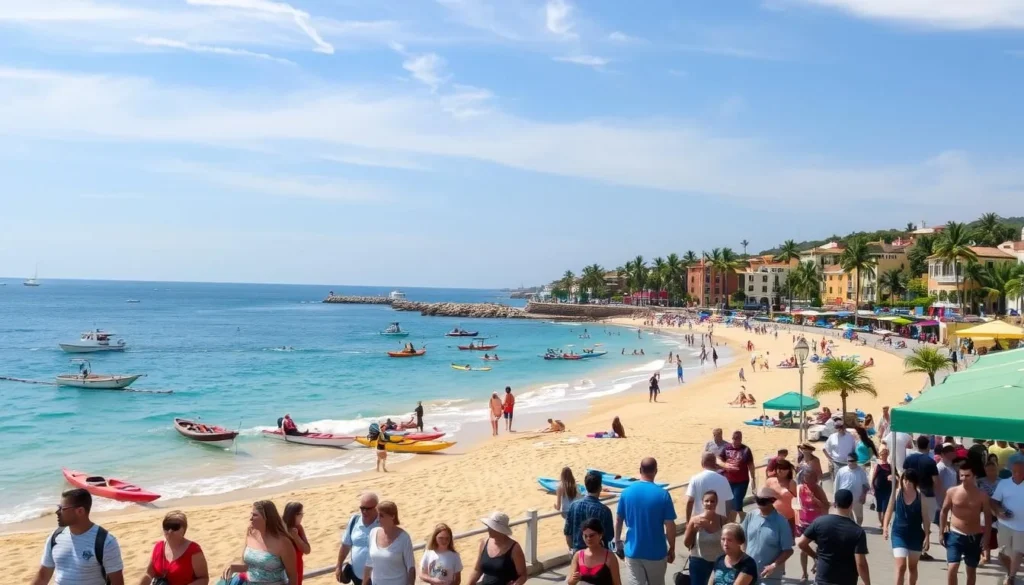 A vibrant scene of daylight activities in a picturesque coastal town. In the foreground, locals and tourists stroll along a bustling promenade, enjoying the warm sunshine and gentle ocean breeze. In the middle ground, small boats and kayaks dot the calm, turquoise waters, while beachgoers relax on the golden sand. In the background, lush palm trees sway and colorful buildings line the shore, creating a charming and inviting atmosphere. The lighting is soft and natural, with the sun's rays filtering through wispy clouds. The overall mood is one of relaxation, adventure, and the embrace of the great outdoors.