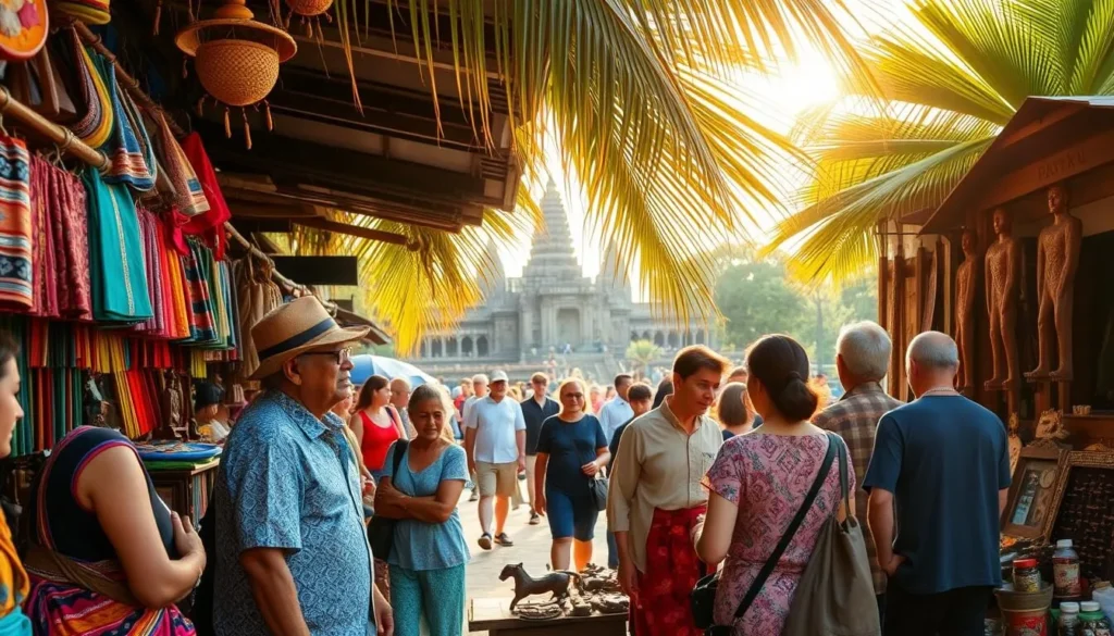 A vibrant scene of ethical tourism in Siem Reap, Cambodia. In the foreground, local artisans showcase their handcrafted wares, their vibrant textiles and intricate wooden carvings. Visitors browse the bustling open-air market, engaging with the vendors and learning about the cultural significance of the items on display. In the middle ground, tourists explore the ancient Angkor Wat temple complex, guided by knowledgeable local experts who share the history and significance of this UNESCO World Heritage Site. The background is lush with tropical foliage, the warm sun filtering through the palm fronds, creating a serene and authentic atmosphere. The image conveys a sense of responsible, immersive tourism that supports the local community and preserves the unique cultural heritage of Siem Reap.