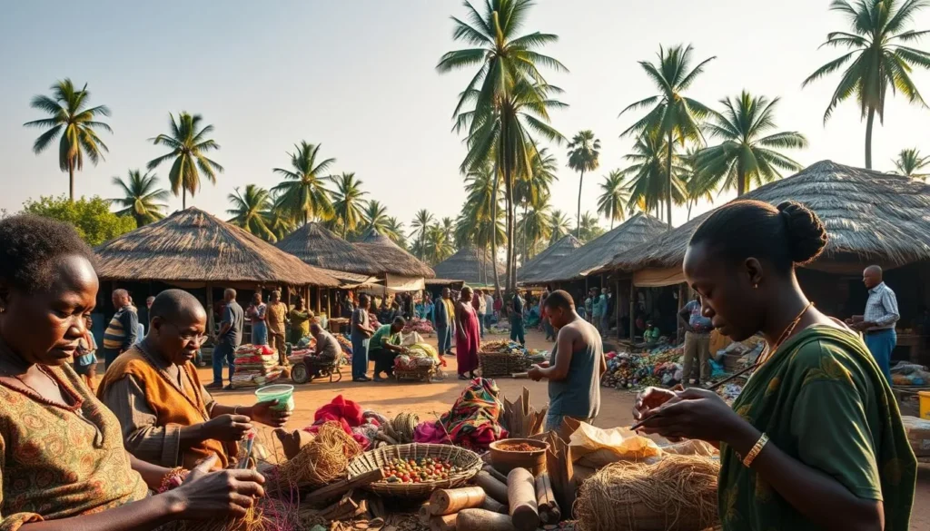 A vibrant scene of everyday life in the Democratic Republic of the Congo. In the foreground, a group of local artisans carefully crafting intricate textiles and wood carvings, their hands moving with practiced grace. In the middle ground, a bustling open-air market, filled with the vibrant colors of handwoven fabrics, the aromas of spices and freshly prepared local cuisine. In the background, the striking silhouettes of traditional thatched-roof huts and towering palm trees, bathed in the warm, golden light of a sun-dappled afternoon. The atmosphere is one of cultural richness, community, and a deep connection to the land.
