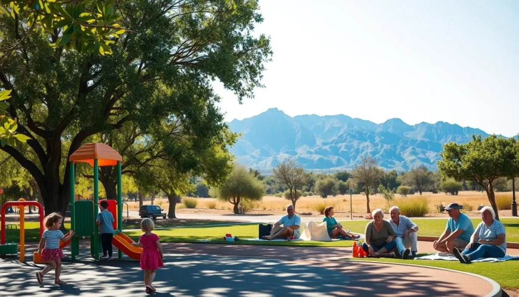 A vibrant scene of family-friendly activities in Albuquerque, New Mexico. In the foreground, children play on a colorful playground with modern equipment and safe rubber flooring. In the middle ground, parents and grandparents picnic on blankets under shady trees, enjoying the warm, sunny day. In the background, the iconic Sandia Mountains rise majestically, their rugged peaks creating a dramatic natural backdrop. The lighting is soft and diffused, creating a welcoming, inviting atmosphere. A slight breeze rustles the leaves, adding a sense of tranquility to the scene. The overall mood is one of togetherness, relaxation, and appreciation for the natural beauty of the Southwest.
