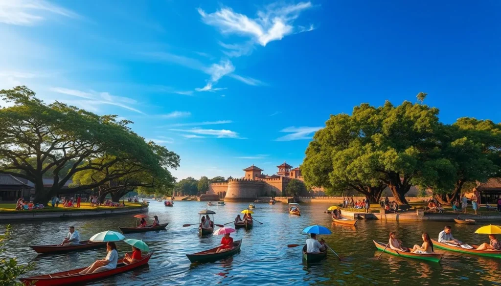 A vibrant scene of outdoor activities in Hue, Vietnam during the summer. In the foreground, people paddle leisurely along the Perfume River, their boats decorated with colorful parasols. In the middle ground, families gather on the riverbanks, enjoying picnics and games under the dappled shade of ancient trees. The background is dominated by the iconic Hue Citadel, its imposing walls and pagodas bathed in warm, golden light. The sky is a brilliant blue, with just a few wispy clouds drifting overhead. The overall atmosphere is one of relaxation and joy, capturing the essence of Hue's summer splendor.