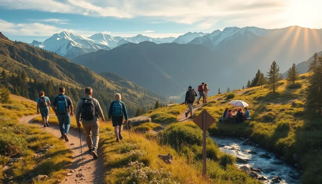 A vibrant scene of seasonal activities in the picturesque San Rafael Mountains. In the foreground, a group of hikers trekking along a winding trail, backpacks on, taking in the stunning vistas. In the middle ground, a family enjoying a picnic by a babbling brook, surrounded by lush greenery and wildflowers. In the background, snow-capped peaks rise majestically, bathed in warm, golden light from the sun. The atmosphere is serene and tranquil, inviting visitors to immerse themselves in the natural splendor of this California gem. Captured with a wide-angle lens to convey the grandeur of the landscape.