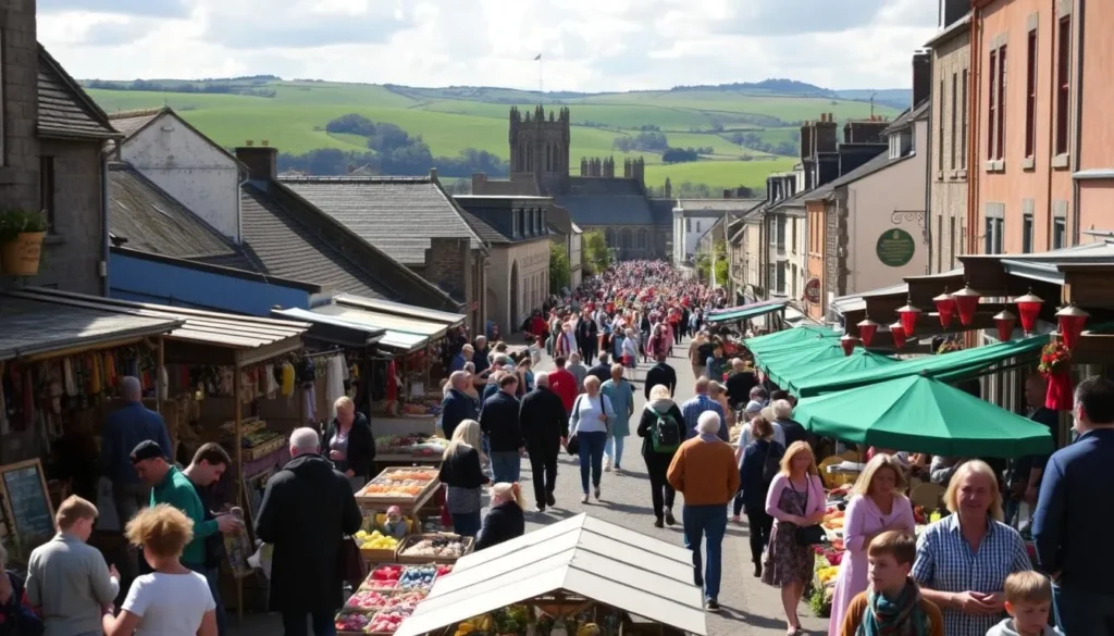 A vibrant scene of seasonal festivities in the picturesque region of Leinster, Ireland. In the foreground, a bustling local market teeming with colorful stalls showcasing an array of artisanal crafts, fresh produce, and traditional Irish delicacies. Locals and visitors mingle amidst the lively atmosphere, basking in the warm sunlight that filters through the surrounding medieval architecture. In the middle ground, a grand parade with musicians, dancers, and costumed performers weaves through the streets, celebrating the region's rich cultural heritage. In the background, rolling green hills and the silhouettes of ancient castles and cathedrals set the stage for this vibrant, quintessentially Irish scene.