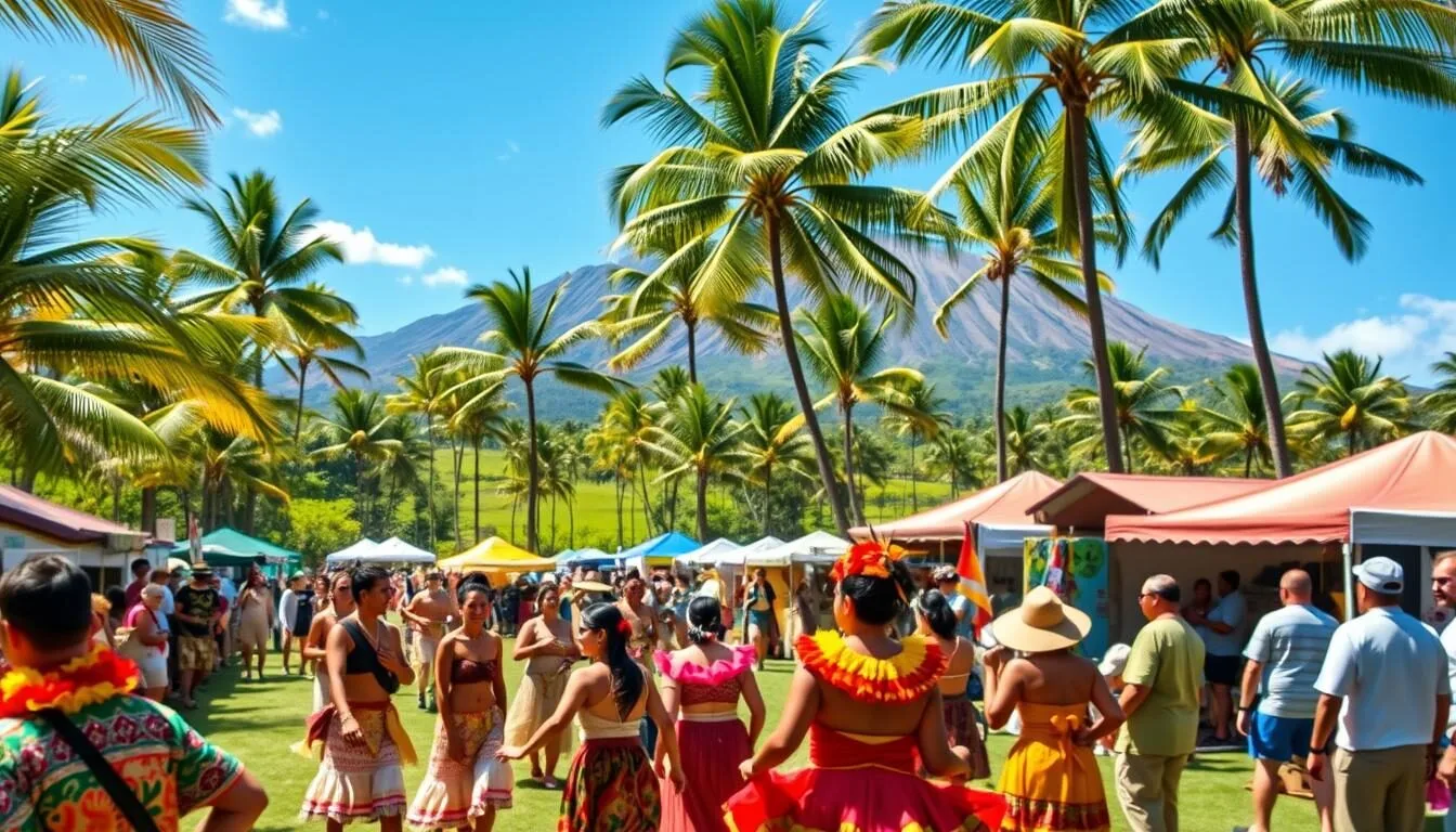 A vibrant scene of the Big Island's most beloved festivals, captured under the warm Hawaiian sun. In the foreground, a colorful parade of dancers in traditional costumes sway to the rhythm of live music. In the middle ground, artisanal booths overflow with local crafts and delectable island fare. The background frames a lush, verdant landscape dotted with swaying palm trees, set against a backdrop of the majestic Mauna Loa volcano. Crisp, high-resolution photography, with natural lighting that accentuates the festive atmosphere and the cultural richness of the island's celebrations.