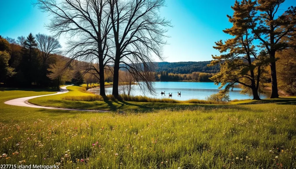 A vibrant scene of the Cleveland Metroparks, showcasing the natural beauty of this beloved urban oasis. In the foreground, a lush, verdant meadow dotted with wildflowers sways gently in the breeze. Winding pathways meander through the landscape, inviting visitors to explore. In the middle ground, a tranquil lake reflects the azure sky, with elegant waterfowl gliding across the surface. Towering deciduous trees line the banks, their branches casting dappled shadows. In the distance, rolling hills and dense forests frame the scene, creating a serene and picturesque backdrop. The lighting is warm and golden, capturing the magic of a perfect day in the great outdoors. Capture the essence of Cleveland's premier destination for nature lovers, a haven of peace and serenity within the bustling city.