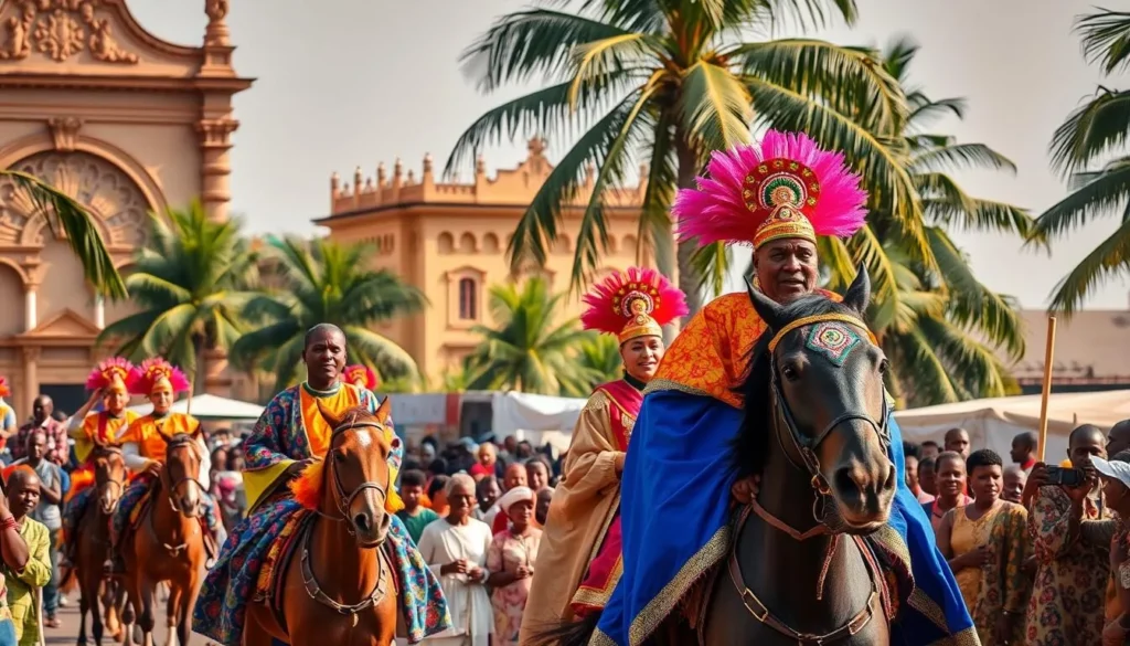 A vibrant scene of the Durbar Festival in Ilorin, Nigeria. In the foreground, a parade of colorfully dressed performers on horseback, their traditional regalia and intricate headpieces glimmering in the warm afternoon sunlight. In the middle ground, a crowd of onlookers, their faces alight with joy and anticipation, as they watch the spectacle unfold. In the background, the ornate facades of historic buildings and the swaying palm trees create a lush, immersive atmosphere. The image should convey the energy, cultural richness, and festive spirit of this annual celebration in Ilorin.