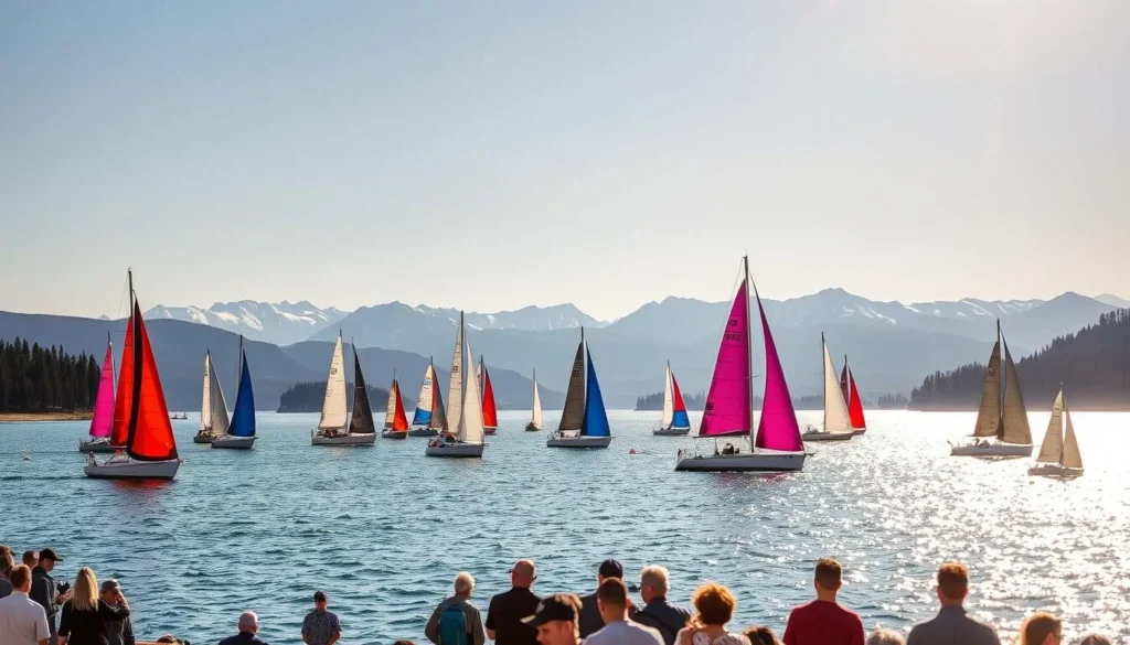 A vibrant scene of the High Sierra Regatta on the pristine waters of Huntington Lake, California. Sleek sailboats glide across the shimmering surface, their colorful sails billowing in the gentle breeze. In the foreground, spectators line the lakeside, enjoying the lively atmosphere and the grace of the racing yachts. The distant mountains rise majestically, their snow-capped peaks framing the serene landscape. Warm sunlight bathes the scene, casting a golden glow and accentuating the tranquility of this annual celebration of sailing and the great outdoors.