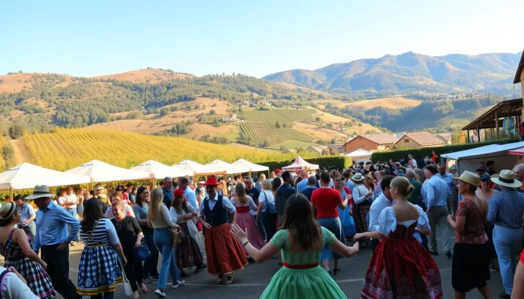 A vibrant scene of the Rhône Valley's lively festivals unfolds before us. In the foreground, revelers dance joyfully to the rhythm of traditional music, their colorful costumes swirling in the warm sunlight. In the middle ground, stalls brim with artisanal crafts and local delicacies, inviting visitors to immerse themselves in the region's rich cultural heritage. The background is dominated by the gentle slopes of the Rhône Valley, its vineyards and orchards creating a picturesque backdrop for the festivities. The atmosphere is one of celebration and community, capturing the essence of the Rhône Valley's vibrant festival culture.