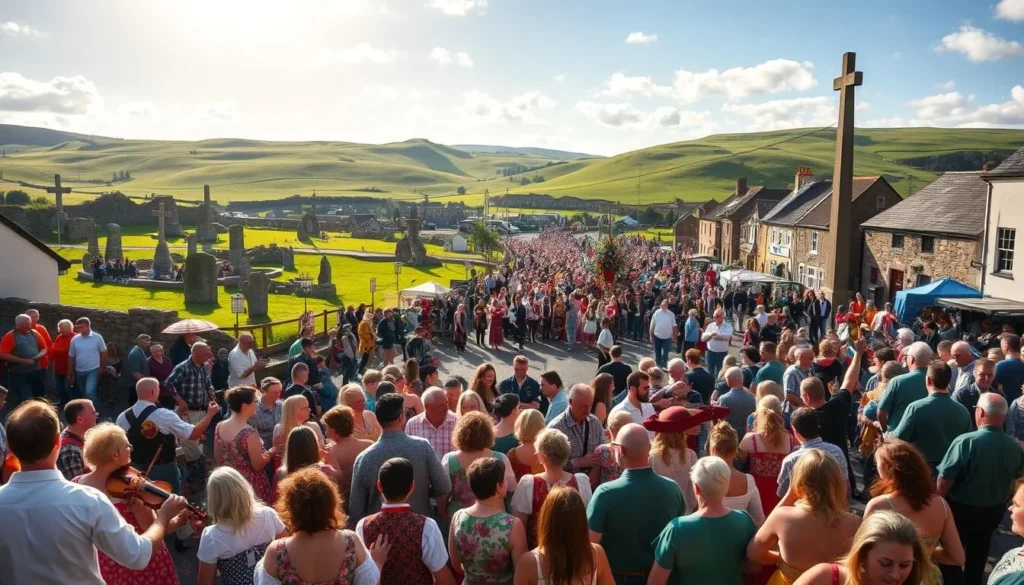 A vibrant scene of traditional Irish festivals in Leinster, set against a picturesque countryside backdrop. In the foreground, crowds of revelers in colorful, traditional costumes dance to the lively rhythm of fiddles, tin whistles, and bodhráns. Amid the revelry, artisans showcase their handcrafted wares, from intricate Celtic knotwork to pottery and weaving. In the middle ground, a grand parade winds through the streets, with marching bands, elaborate floats, and towering Celtic crosses. The background features rolling green hills, ancient stone ruins, and a bright, sun-dappled sky, evoking the timeless charm of the Irish landscape. The overall scene radiates a joyous, celebratory atmosphere, capturing the essence of traditional Irish festivals in Leinster.