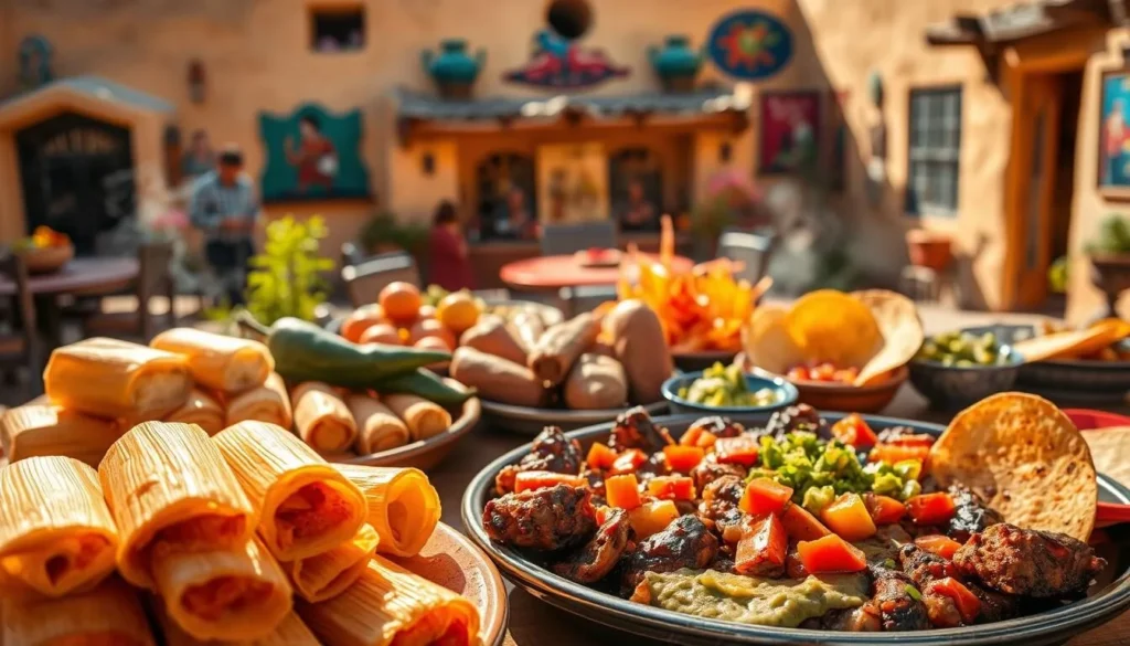 A vibrant scene of traditional New Mexican cuisine, captured in a warm, sun-drenched setting. In the foreground, a colorful array of tamales, enchiladas, and stuffed chiles, their aromatic steam wafting through the air. The middle ground features a platter of sizzling fajitas, accompanied by fresh guacamole, pico de gallo, and warm tortillas. In the background, a rustic adobe hacienda sets the stage, with vibrant murals and traditional artwork adorning the walls. The lighting is soft and natural, casting a golden glow over the entire scene, evoking the rich cultural heritage and inviting flavors of New Mexico.