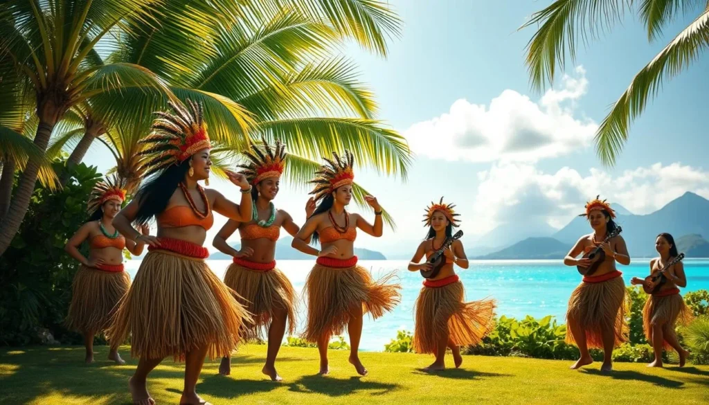 A vibrant scene of traditional Tahitian dancers performing a mesmerizing hula-like dance in the lush, verdant Society Islands of French Polynesia. The performers move gracefully, their flowing grass skirts and intricate headdresses swaying in sync with the rhythm of the traditional drums and ukulele music. Sunlight filters through the coconut palms, casting a warm, golden glow over the energetic performance. The background features a stunning view of the turquoise lagoon and volcanic mountains in the distance, creating a picturesque island setting. Capture the essence of French Polynesian culture and the pure joy of this captivating dance.