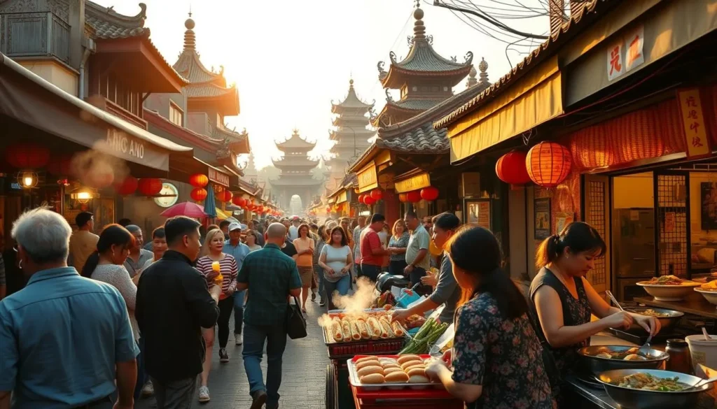 A vibrant scene of traditional festival foods in Hanoi's bustling streets. In the foreground, a colorful display of steaming banh mi sandwiches, fragrant pho noodle soup, and sizzling street food stalls. In the middle ground, locals and tourists alike browse the lively market, their faces aglow under the warm, golden light of the afternoon sun. In the background, the ornate roofs and intricate architecture of historic temples and pagodas set the scene. Capture the essence of Hanoi's rich culinary heritage and the festive atmosphere of a beloved cultural celebration.