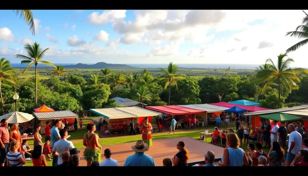 A vibrant scene unfolds at Kapi'olani Regional Park, Oahu. In the foreground, a captivating hula performance takes place, the dancers' graceful movements accentuated by the warm, golden light. Middle-ground reveals lively cultural booths, where artisans showcase their handcrafted wares and traditional cuisine tempts passersby. The background features lush, verdant landscapes of the park, framed by swaying palm trees and the distant blue of the Pacific Ocean. An atmosphere of celebration and cultural immersion permeates the scene, inviting visitors to experience the vibrant heritage of Hawaii.