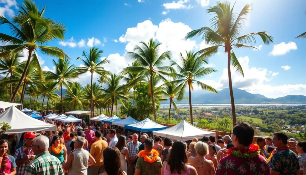 A vibrant scene unfolds at an Oahu festival, where people gather under the warm Hawaiian sun. In the foreground, a lively crowd sways to the rhythmic beats of traditional music, their colorful leis and festive attire adding to the celebratory atmosphere. In the middle ground, tents and booths showcase local artisans, their handcrafted wares and fragrant island treats tempting passersby. The background is a breathtaking vista of swaying palm trees, azure skies, and the distant silhouette of majestic mountains, creating a picturesque island backdrop. The overall mood is one of vibrant energy, cultural immersion, and the joyful spirit of the Hawaiian people, inviting visitors to immerse themselves in the essence of Oahu's rich festival traditions.