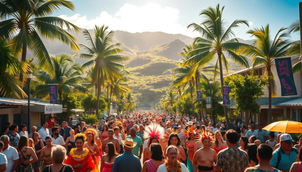 A vibrant scene unfolds on the streets of Oahu, as a lively festival takes center stage. In the foreground, a colorful parade marches forward, adorned with intricate Hawaiian costumes and lively dancers. The middle ground showcases a bustling crowd, filled with locals and tourists alike, mingling and enjoying the festive atmosphere. In the background, the lush, verdant landscape of Oahu provides a stunning natural backdrop, with palm trees swaying gently in the warm island breeze. Soft, golden sunlight filters through, creating a warm and inviting ambiance. The energy is palpable, capturing the spirit of Oahu's vibrant festival scene.