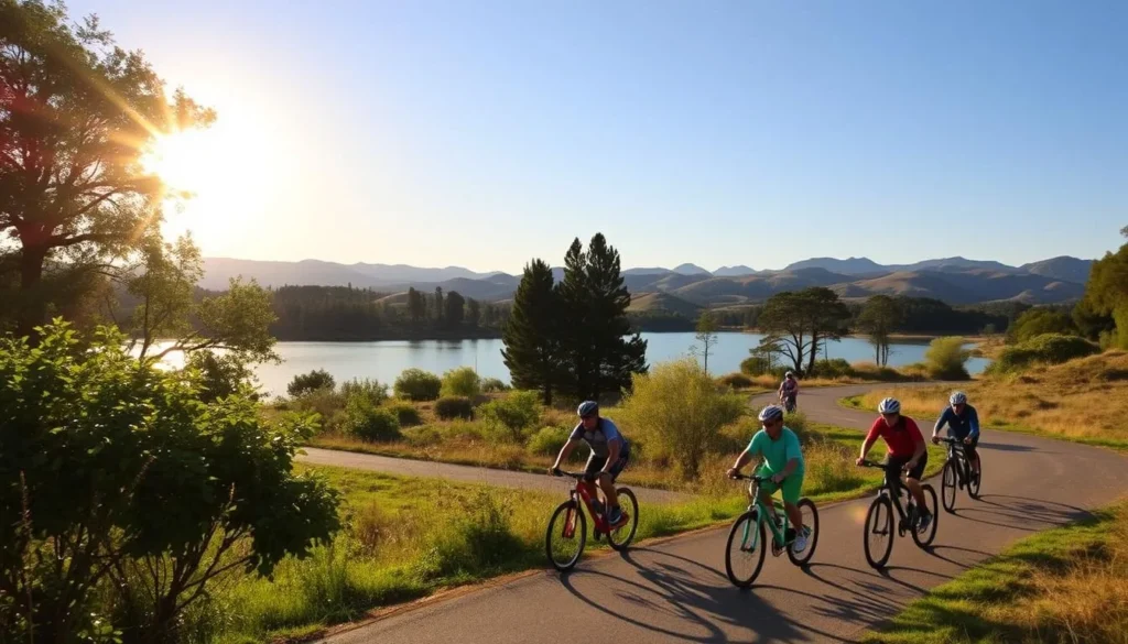 A vibrant, scenic landscape at Vasona Lake, California, showcasing cyclists enjoying a leisurely ride along the paved trails. The sun casts a warm glow, illuminating the lush, verdant surroundings. In the foreground, a group of cyclists navigates the winding path, their bicycles reflecting the sunlight. In the middle ground, a picturesque lake with calm waters reflects the towering trees and azure sky. In the background, rolling hills and mountains create a majestic backdrop, inviting exploration. The scene exudes a sense of tranquility and outdoor recreation, perfectly capturing the essence of cycling and mountain biking at this idyllic location.