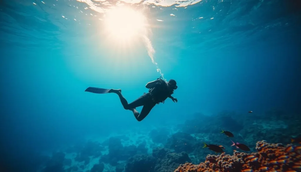 A vibrant seascape of Palau's crystal-clear waters, captured with a wide-angle lens to showcase the captivating underwater world. In the foreground, a diver gracefully descends, their silhouette casting intriguing shadows on the turquoise depths. Sunlight filters through the surface, creating a warm, ethereal glow that illuminates the lush coral reefs and schools of colorful tropical fish. The composition balances the diver's dynamic movement with the serene, tranquil atmosphere of the ocean environment, inviting the viewer to experience the joy and wonder of diving in this Pacific paradise.