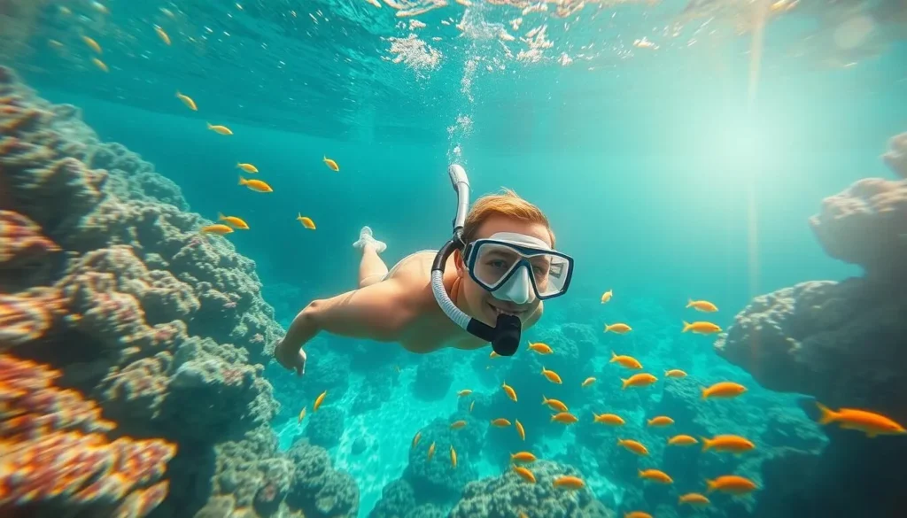 A vibrant seascape with a snorkeler exploring the colorful underwater world. Warm sunlight filters through the crystal-clear turquoise waters, highlighting the intricate coral formations and diverse marine life. The snorkeler, equipped with a sleek mask and snorkel, gracefully glides through the tranquil scene, surrounded by schools of tropical fish in a kaleidoscope of colors. The serene, peaceful atmosphere invites the viewer to imagine the enchanting experience of discovering the hidden beauty beneath the ocean's surface.