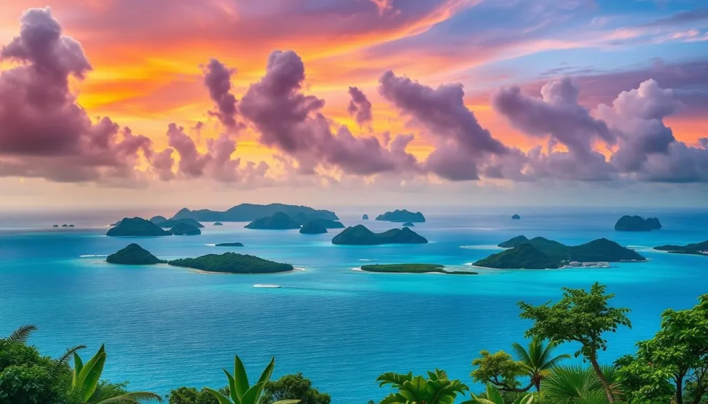 A vibrant seascape with the lush, verdant islands of the Pacific as the centerpiece. Billowing clouds cast dramatic shadows upon the tranquil azure waters, creating a captivating interplay of light and shadow. In the foreground, a variety of tropical flora and fauna thrive, showcasing the region's natural splendor. The middle ground features the distinct silhouettes of Wallis and Futuna, nestled amidst the other island chains, each with its own unique topography and climate. The background is dominated by a stunning sunset, painting the sky in a breathtaking palette of oranges, pinks, and purples, casting a warm, inviting glow over the entire scene. The overall composition conveys the diverse weather patterns and geographical features that define the various Pacific islands, highlighting their individual beauty and character.