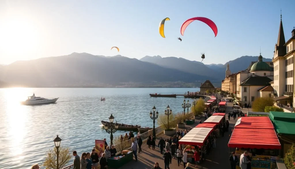 A vibrant spring afternoon in Annecy, France. The sun casts a warm glow over the tranquil waters of the iconic Lac d'Annecy, reflecting the surrounding mountains and historic architecture. In the foreground, locals and tourists stroll along the picturesque promenade, taking in the lively atmosphere of the May events. Colorful market stalls line the streets, offering a tempting array of local delicacies and artisan crafts. Boats gently drift across the lake, while paragliders soar overhead, offering a bird's-eye view of this idyllic alpine town. The overall scene exudes a sense of vibrant energy and natural beauty, capturing the essence of Annecy in the springtime.
