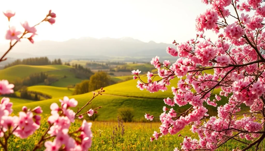A vibrant spring day in the Willamette Valley, Oregon. In the foreground, delicate cherry blossom trees in full bloom, their pink petals dancing in a gentle breeze. The middle ground reveals a lush, verdant landscape, with rolling hills dotted with wildflowers in shades of yellow, purple, and red. In the background, the majestic Cascade Mountains stand tall, their snow-capped peaks reflecting the warm, golden sunlight. The scene is bathed in a soft, diffused lighting, creating a serene and picturesque atmosphere. The overall mood is one of vibrant, joyful renewal, perfectly capturing the essence of spring in this beautiful Pacific Northwest region.