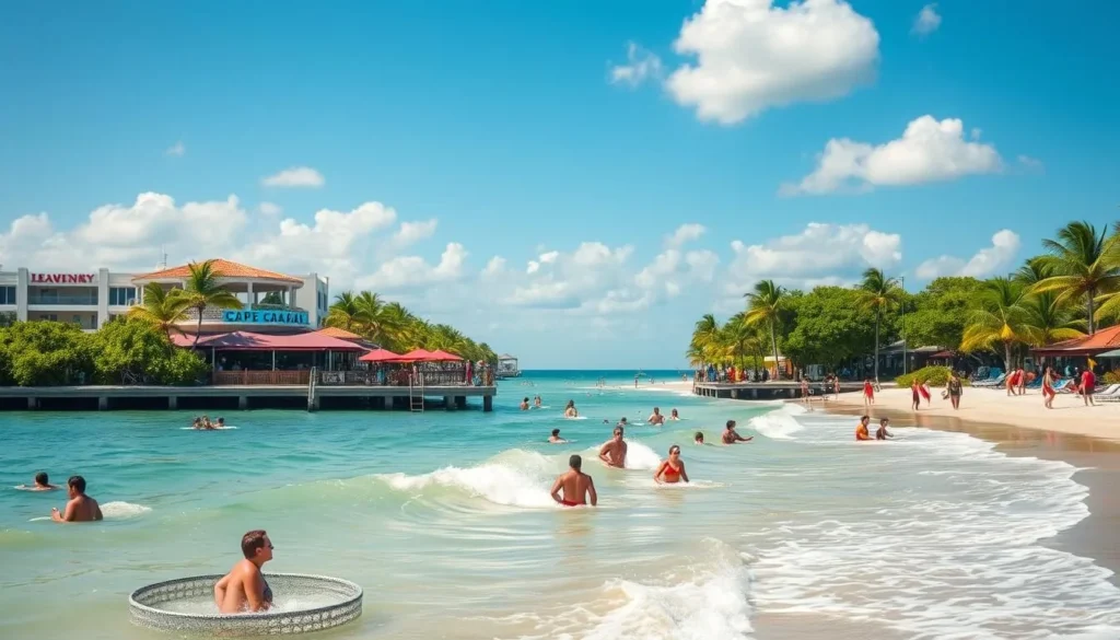 A vibrant springtime scene in Cape Coral, Florida, where azure skies stretch over palm-fringed beaches. In the foreground, sun-kissed beachgoers frolic in the warm waters, their laughter echoing across the glistening waves. The middle ground features a bustling boardwalk, lined with lively beach bars and quaint shops, their awnings fluttering in the gentle breeze. In the background, verdant mangroves and lush tropical foliage frame the serene coastal landscape, radiating the essence of a quintessential spring break getaway. Soft, diffused lighting casts a warm, golden glow, accentuating the vibrant colors and creating a picturesque, postcard-worthy scene.