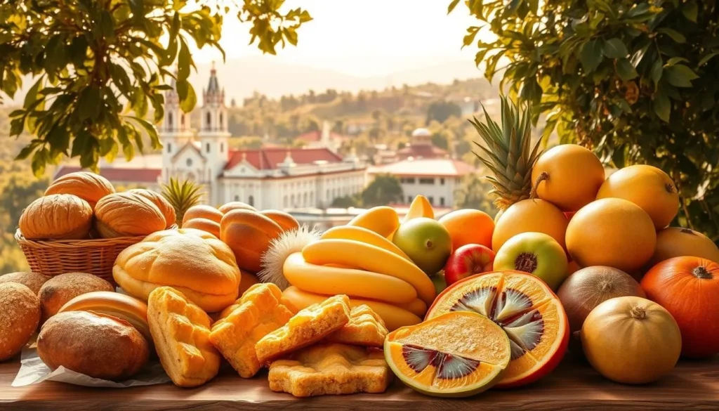 A vibrant still life showcasing the diverse and mouthwatering delicacies of Antipolo, Philippines. In the foreground, an arrangement of local pastries and snacks, including freshly baked pandesal, classic bibingka, and the signature kalamay, their rich textures and colors inviting the viewer to indulge. The middle ground features a variety of tropical fruits, such as ripe mangoes, juicy lanzones, and fragrant guavas, highlighting the region's abundant produce. In the background, a warm, sun-dappled scene of the Antipolo cityscape, with its iconic churches and lush, rolling hills, conveying a sense of place and local charm. The lighting is soft and natural, casting a golden glow over the entire composition, evoking a pleasant, relaxed atmosphere.