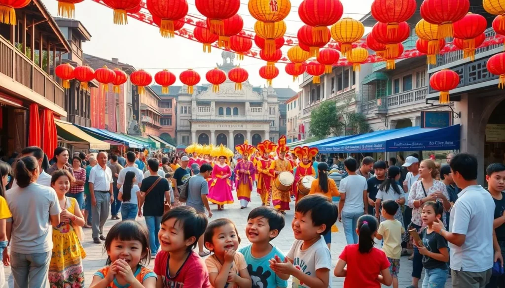 A vibrant street festival in the heart of Hue, Vietnam, with colorful lanterns and banners decorating the lively atmosphere. People gather in the bustling square, enjoying traditional music, dance performances, and delectable local cuisine. In the foreground, a group of children play games and laugh joyfully, their faces alight with excitement. The middle ground showcases a parade of elaborately costumed performers, their vibrant costumes swaying to the rhythmic beats of drums and cymbals. In the background, the iconic architecture of Hue's historic buildings provide a picturesque backdrop, bathed in the warm glow of the afternoon sun. The overall scene exudes a sense of celebration, community, and cultural heritage.