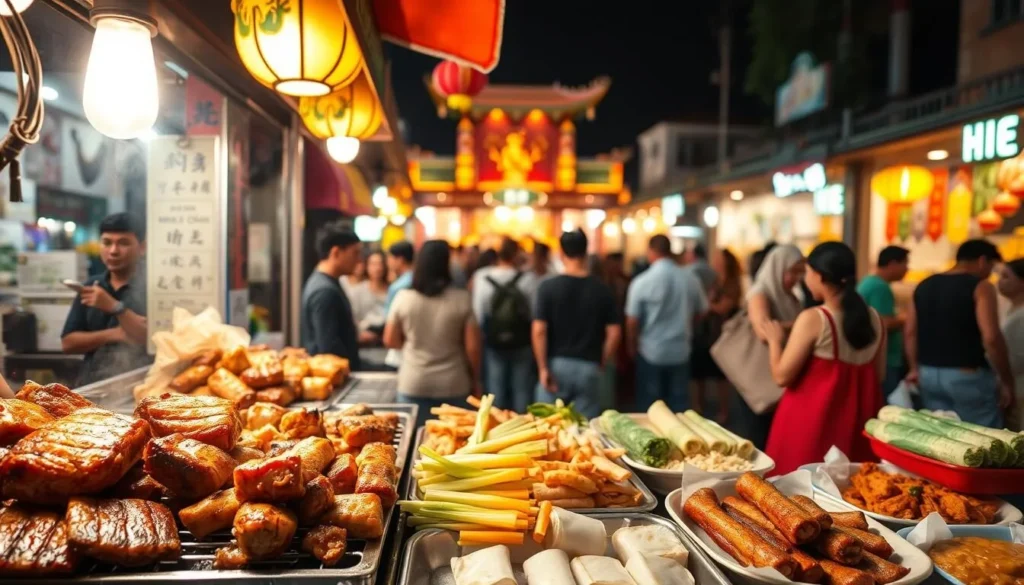 A vibrant street food stall in Hue, Vietnam, showcasing the iconic flavors of the Hue festival. The foreground features an array of sizzling dishes, including tender grilled pork, fragrant lemongrass chicken, and colorful vegetable rolls. In the middle ground, a bustling crowd of locals and tourists gather around the stall, chatting and savoring the mouthwatering aromas. The background captures the lively atmosphere of the festival, with lanterns and decorations adorning the surrounding buildings. The lighting is warm and natural, creating a inviting and authentic ambiance. Captured with a wide-angle lens to emphasize the energy and vibrant energy of the Hue festival food experience.
