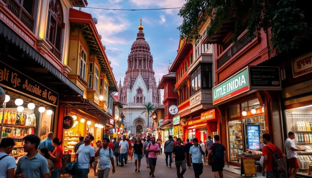 A vibrant street in Singapore's Little India neighborhood, bustling with colorful storefronts, intricate architectural details, and lively pedestrians. Capture the energetic atmosphere with warm, natural lighting illuminating the scene. Showcase the diverse array of shops, from spice markets to sari boutiques, set against a backdrop of ornate Hindu temples and colonial-era buildings. Depict the neighborhood's multicultural essence through a harmonious blend of Indian, Malay, and Chinese influences. Convey a sense of cultural immersion, with people casually strolling, conversing, and engaging with the vibrant surroundings. Utilize a wide-angle lens to encompass the full breadth of the lively street, creating a captivating and inviting image that reflects the spirit of Singapore's ethnic neighborhoods.