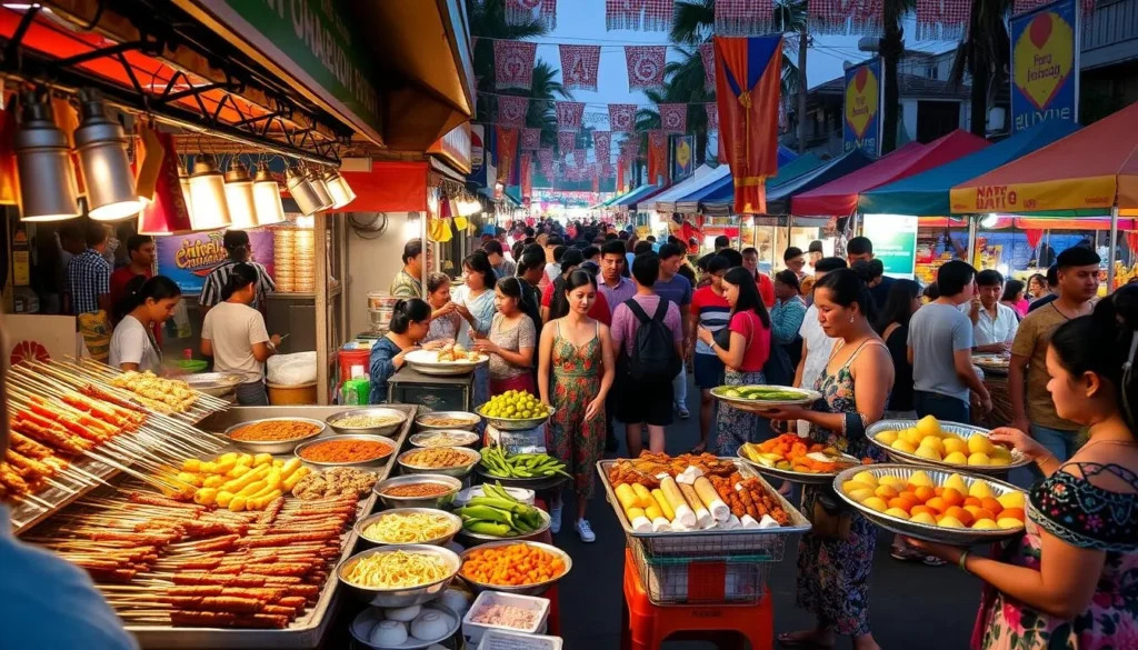 A vibrant street scene at a Sihanoukville festival, with a lively atmosphere and an array of captivating local culinary delights. In the foreground, a bustling food stall offers an enticing display of sizzling skewers, steaming noodle dishes, and fragrant curries. Vendors in colorful attire navigate the crowd, carrying trays laden with tropical fruits and freshly baked pastries. In the middle ground, groups of locals and tourists mingle, sampling the diverse flavors and enjoying the festive ambiance. The background is filled with vibrant tents, colorful banners, and the hum of live music, creating a warm, inviting scene that captures the essence of Sihanoukville's unique food culture. The lighting is natural and warm, highlighting the vibrant colors and textures of the festival fare.