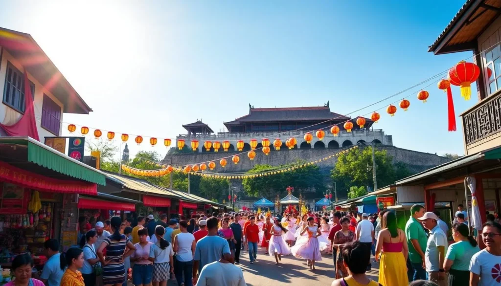A vibrant street scene during Hue Festival, Vietnam. The sun shines brightly, casting a warm glow over the bustling crowd gathered for the festivities. Colorful flags and lanterns adorn the buildings, creating a festive atmosphere. In the foreground, local vendors sell traditional crafts and delicacies, their stalls overflowing with vibrant hues. The middle ground features a parade of performers in ornate costumes, dancing and twirling to the beat of traditional music. In the background, the iconic Huế Citadel stands tall, its ancient architecture serving as a majestic backdrop to the lively celebration. An overall sense of joy, cultural richness, and perfect weather conditions for an unforgettable festival experience.