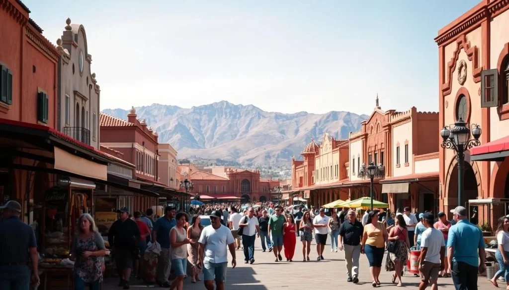 A vibrant street scene in Ciudad Juarez, Mexico, on a warm, sunny day. In the foreground, locals and tourists mingle, browsing colorful market stalls and sampling delicious street food. The middle ground showcases the city's distinctive adobe architecture, with its red-tiled roofs and ornate facades. In the background, the majestic Sierra Madre mountains rise up, casting long shadows across the bustling plaza. Soft, diffused lighting creates a relaxed, inviting atmosphere, capturing the essence of the best time to visit this vibrant border city.