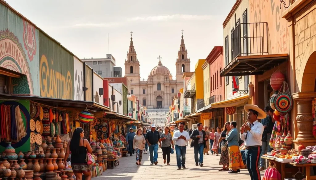 A vibrant street scene in Ciudad Juarez, Mexico, showcasing the city's rich cultural heritage. In the foreground, colorful murals adorn the walls, depicting intricate patterns and traditional motifs. Bustling vendors sell handcrafted wares, their stalls brimming with vibrant textiles, pottery, and local delicacies. In the middle ground, pedestrians stroll along the sidewalks, immersed in the lively atmosphere, while mariachi musicians perform soulful melodies. In the background, the iconic architecture of the city skyline stands as a testament to its history, with towering cathedrals and colonial-style buildings. Warm, natural lighting casts a golden glow, creating a sense of warmth and welcoming. The overall scene exudes a captivating blend of vibrant colors, lively energy, and a deep appreciation for the cultural traditions that define Ciudad Juarez.