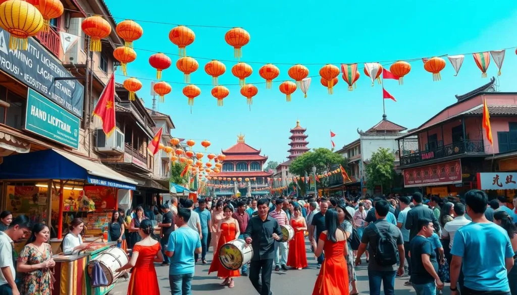 A vibrant street scene in Hanoi, Vietnam, during a lively festival. Colorful lanterns and flags adorn the bustling streets, casting a warm glow on the crowd of locals and tourists. In the foreground, a group of dancers in traditional costumes sway to the rhythmic beats of drums and cymbals. Food stalls line the sidewalks, offering an array of tantalizing Vietnamese delicacies. In the middle ground, families and friends gather, sharing laughter and conversation. The background showcases the iconic architecture of Hanoi, with its French colonial influences and ornate pagodas. Overhead, a clear blue sky complements the vibrant scene, creating an atmosphere of joy and celebration.