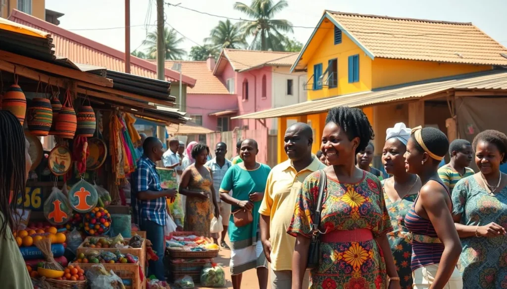 A vibrant street scene in Sekondi Takoradi, Ghana, captured on a bright, sunny day. In the foreground, a lively open-air market bustles with vendors selling an array of colorful handcrafted goods, local produce, and traditional textiles. The middle ground features a group of locals engaged in lively conversation, their animated gestures and warm expressions conveying a sense of community. In the background, traditional Ghanaian architecture with its distinctive corrugated roofs and vibrant painted facades creates a picturesque backdrop. The scene is bathed in warm, golden sunlight, evoking a welcoming and immersive atmosphere of local culture and daily life.