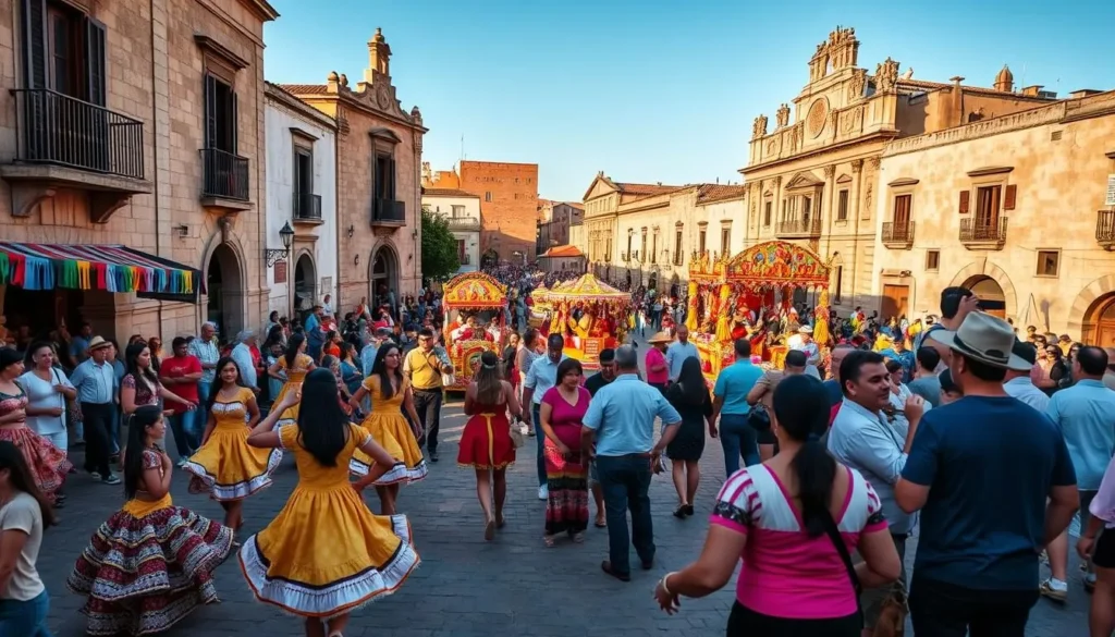 A vibrant street scene in Tuxtla Gutiérrez, Mexico, bustling with locals and visitors celebrating a colorful festival. In the foreground, lively music fills the air as dancers in traditional costumes twirl and sway. The middle ground showcases a parade of brightly decorated floats, their intricate designs catching the warm afternoon sunlight. In the background, the historic architecture of the city provides a picturesque backdrop, its stone facades casting long shadows across the cobblestone streets. The overall atmosphere exudes a sense of joy, community, and cultural heritage, inviting the viewer to immerse themselves in the vibrant festivities.