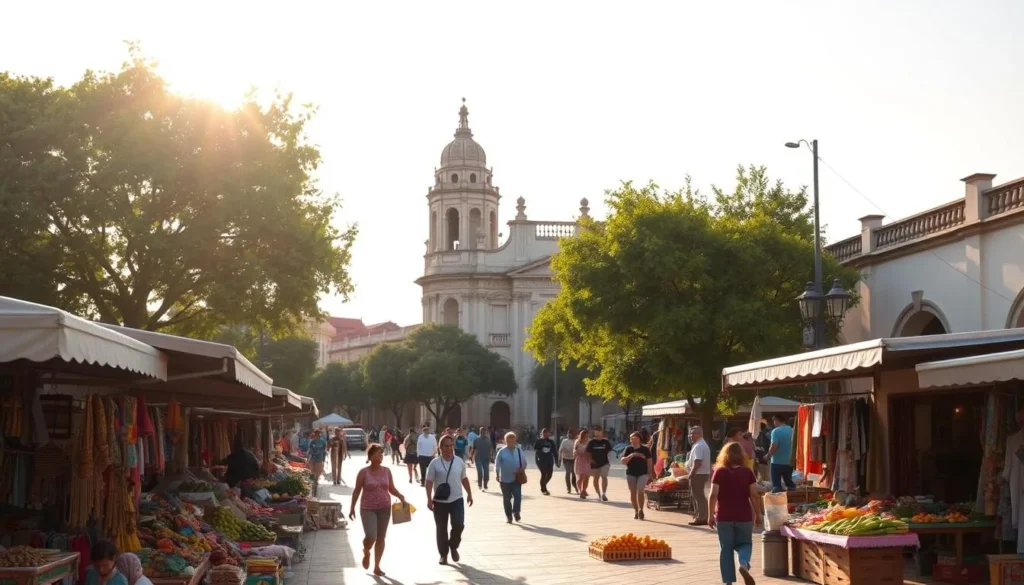 A vibrant street scene in Tuxtla Gutierrez, the bustling capital of Chiapas, Mexico. In the foreground, local vendors sell an array of colorful handicrafts and fresh produce under the warm, golden sunlight. In the middle ground, pedestrians stroll along the tree-lined sidewalks, taking in the lively atmosphere. In the background, the iconic colonial architecture of the city's historic center stands tall, inviting visitors to explore its rich cultural heritage. Capture the essence of this vibrant Mexican destination with a crisp, high-resolution image showcasing the practical travel tips for Tuxtla Gutierrez.